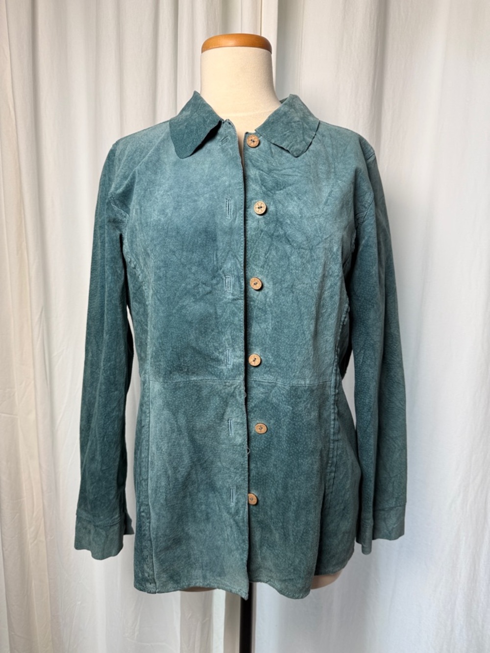 Womens Teal Suede Button-Front Jacket